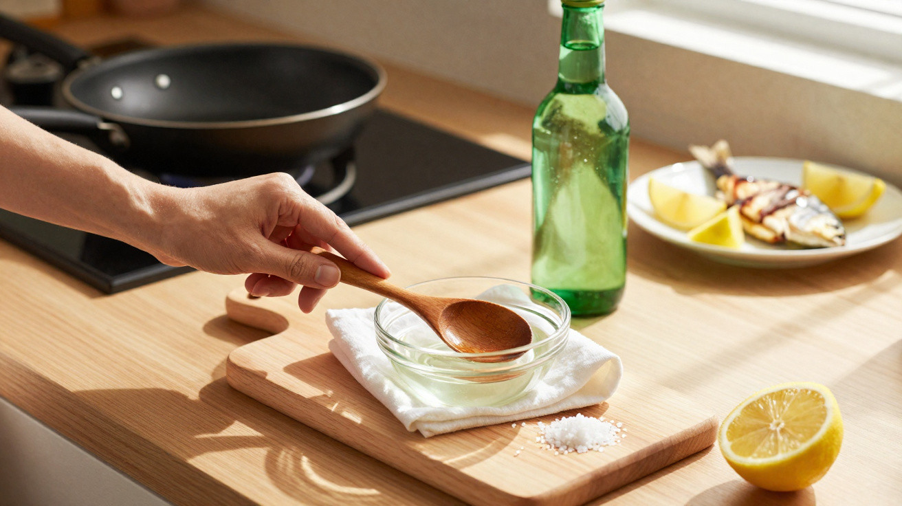 Hand holding wooden spoon over glass bowl on chopping board with salt, lemon half, bottle, and grilled fish plate nearby.