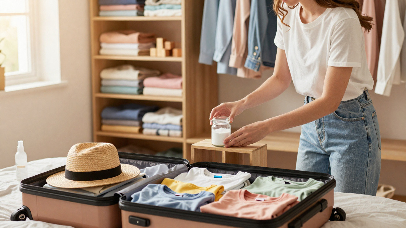 Woman packing a suitcase with folded clothes and a hat while holding a small jar.