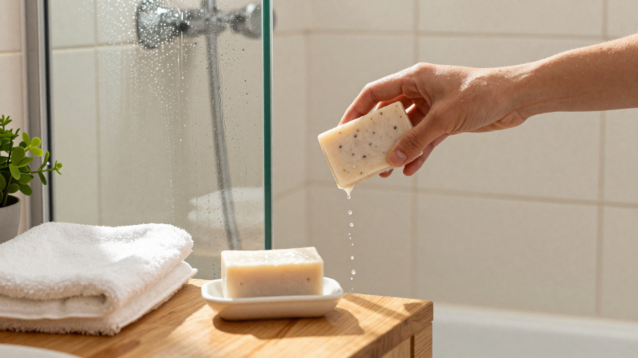 Hand holding a dripping bar of soap above a wooden surface with towels and a soap dish in a bathroom.