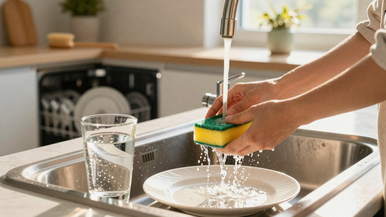Person rinsing a yellow and green sponge under running tap water in a kitchen sink with clean plates nearby.