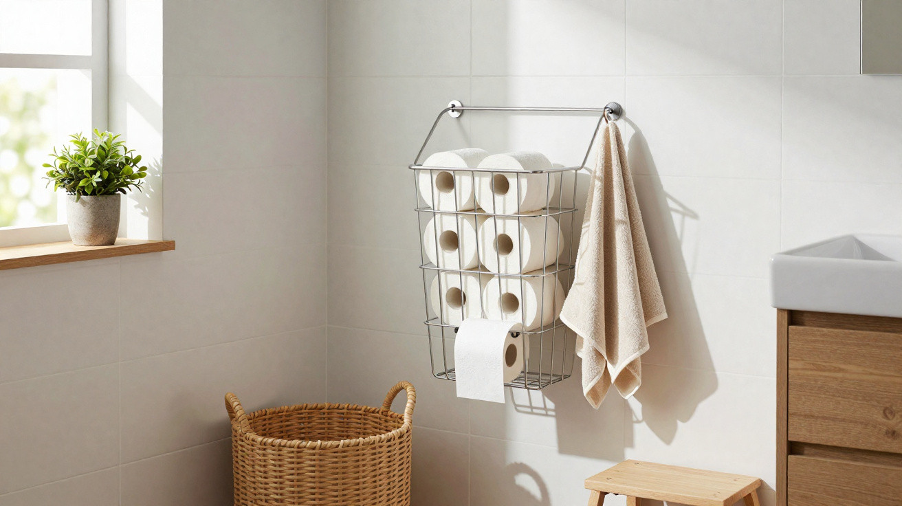 Bathroom scene with a wire basket holding toilet rolls, a beige towel, a wicker basket, and a wooden stool.