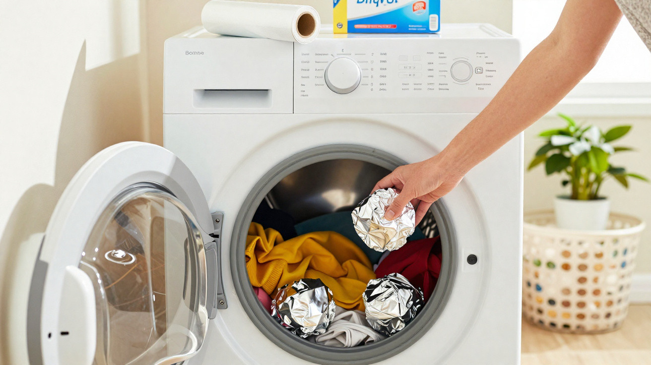 Hand placing aluminium foil balls into an open washing machine filled with colourful clothes.