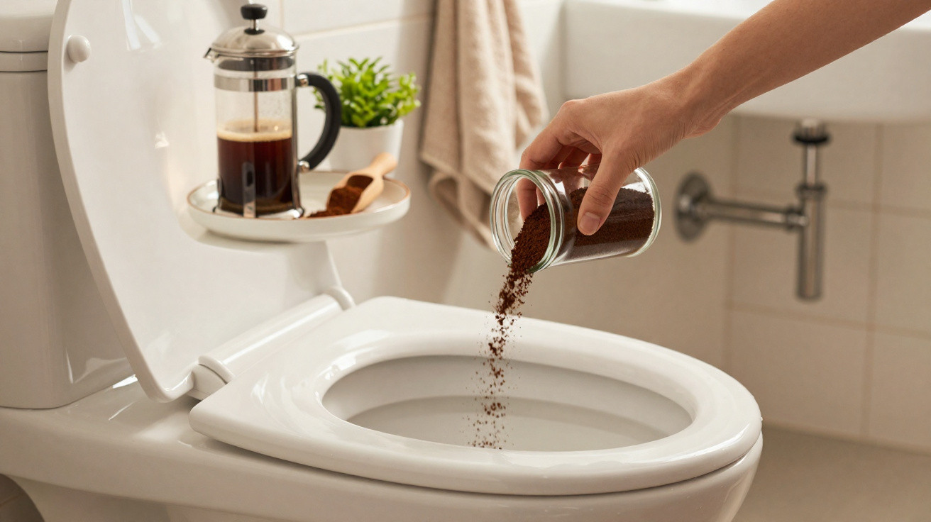 Hand pouring coffee grounds from a jar into a white toilet bowl in a clean bathroom.