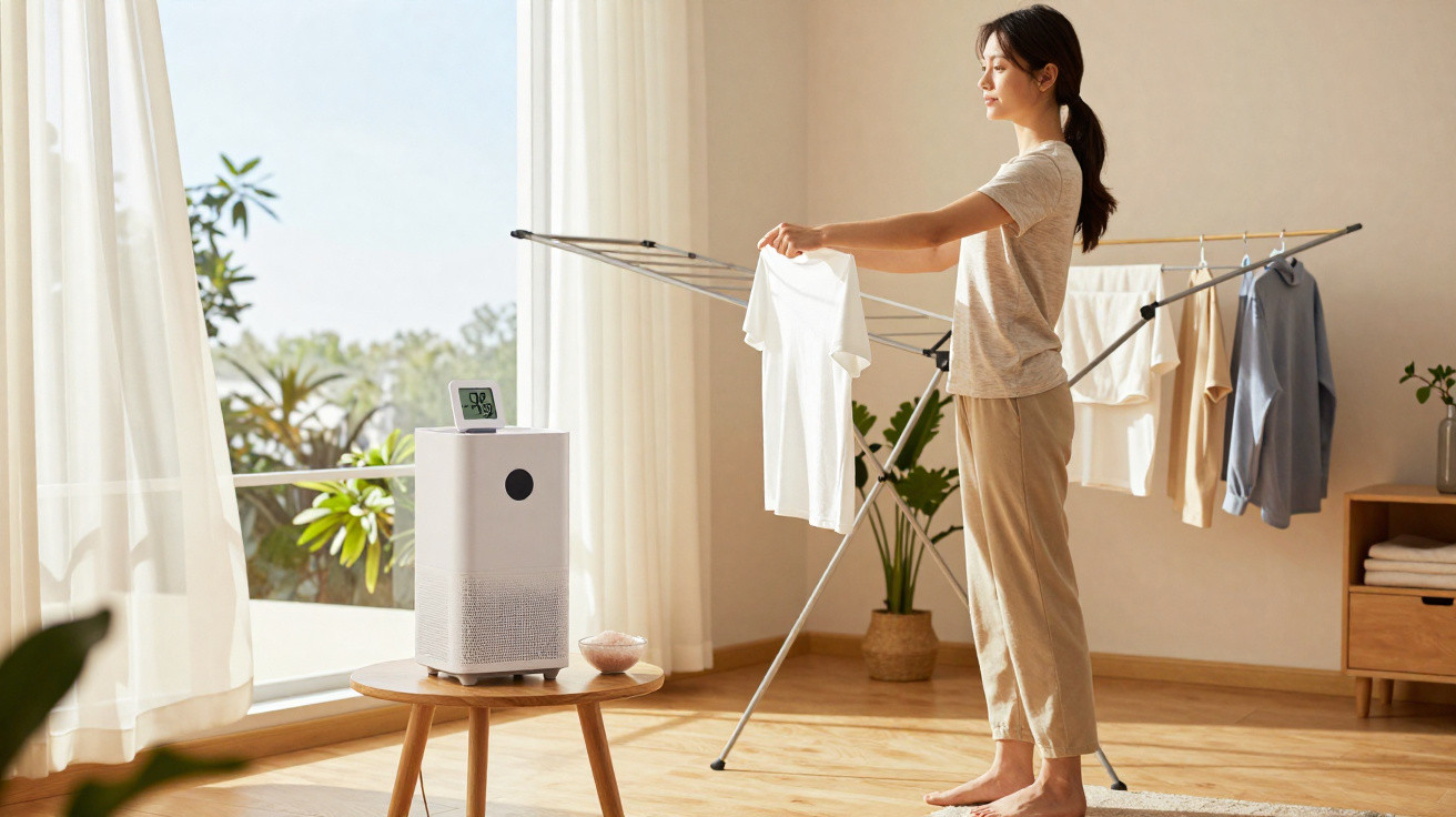 Woman hanging white clothes on a drying rack in a bright room with a dehumidifier nearby.