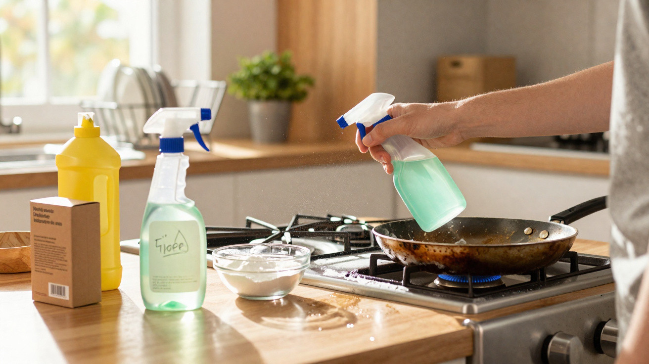 Person spraying cleaning solution on a frying pan on a gas stove in a bright kitchen.