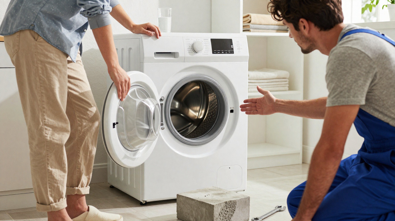 Man in overalls kneeling beside washing machine while another person in casual clothes opens the door in a laundry room.