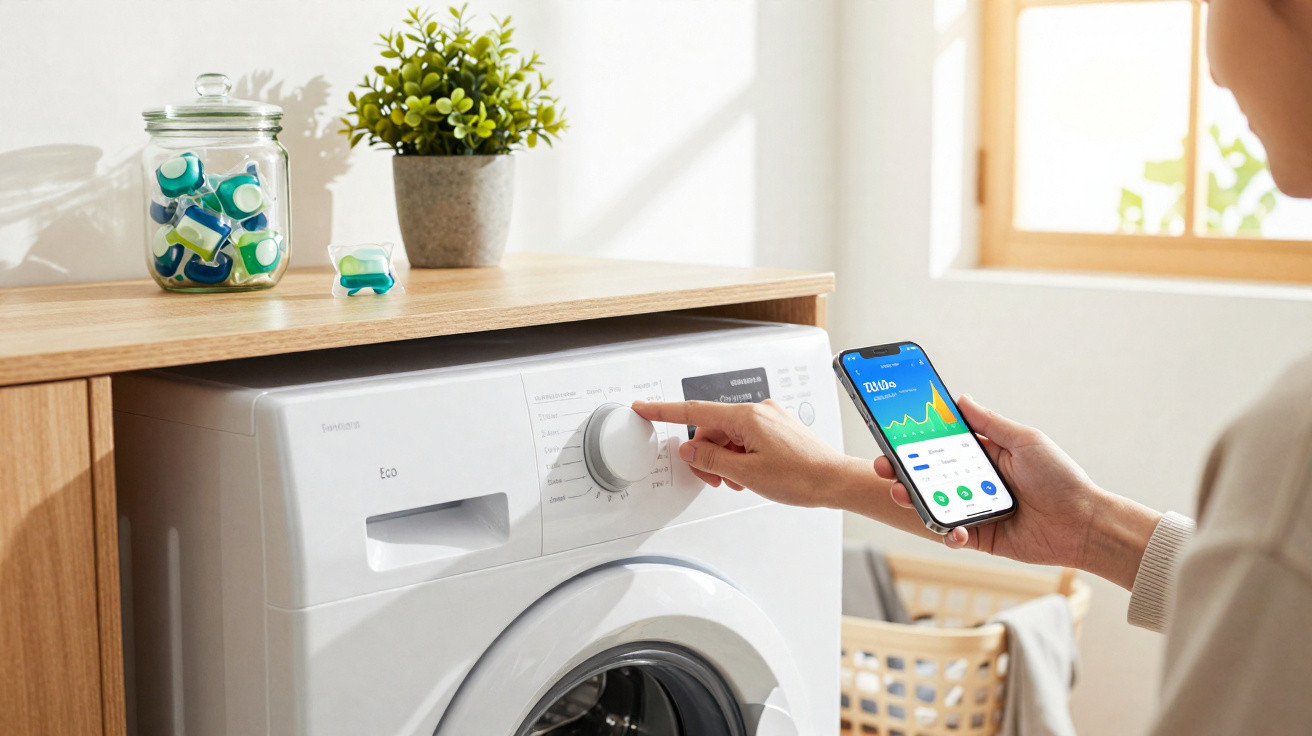 Person adjusting settings on a white washing machine while holding a smartphone with a laundry app open.