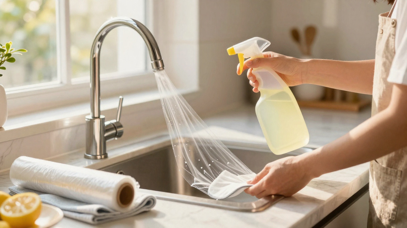 Person cleaning a white cloth under running water with a spray bottle at a kitchen sink near a window.