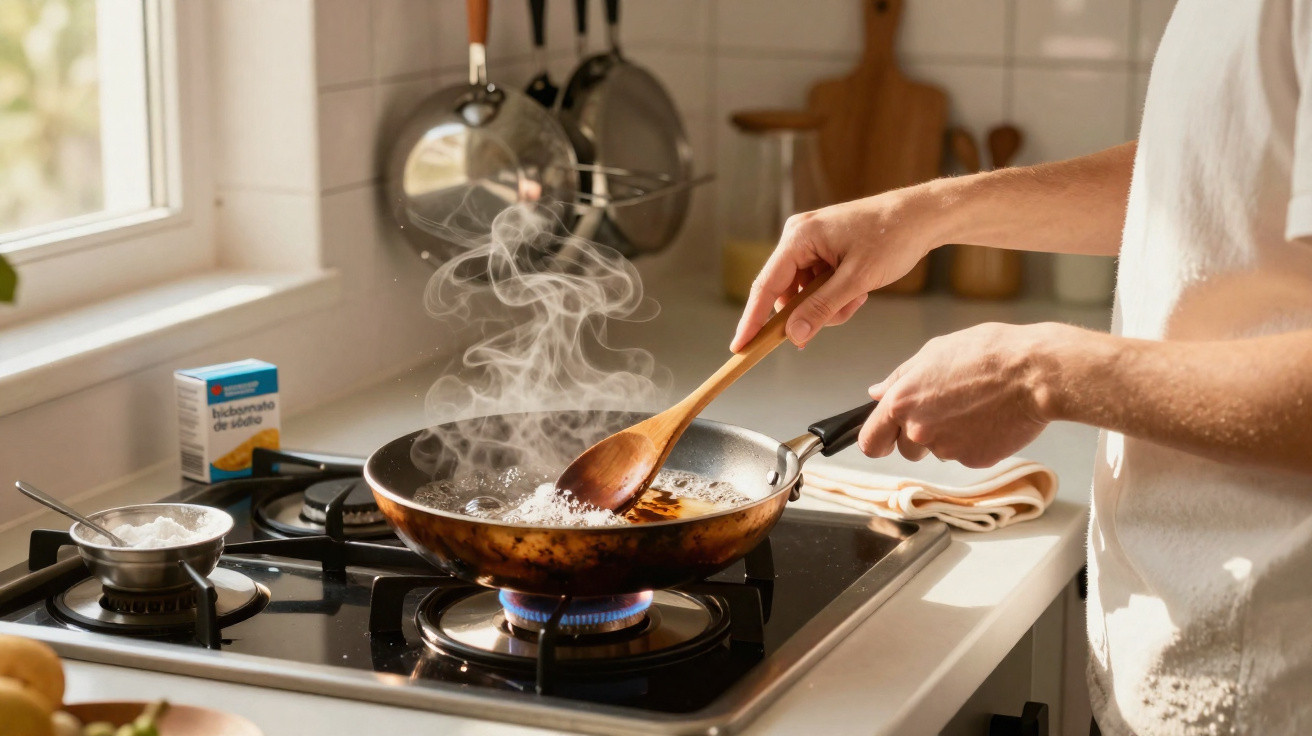 Person stirring steaming food in a frying pan on a gas stove in a bright kitchen.
