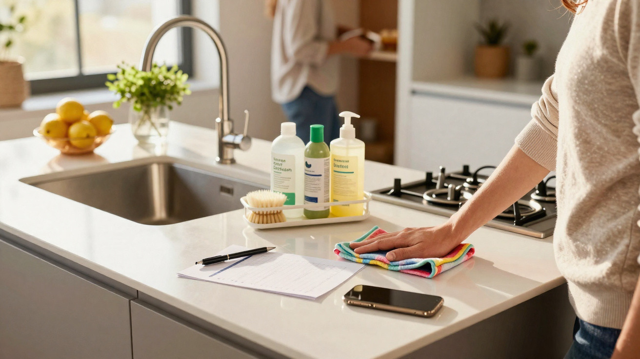 Hand wiping a modern kitchen island with a cloth near cleaning products, phone, and papers.