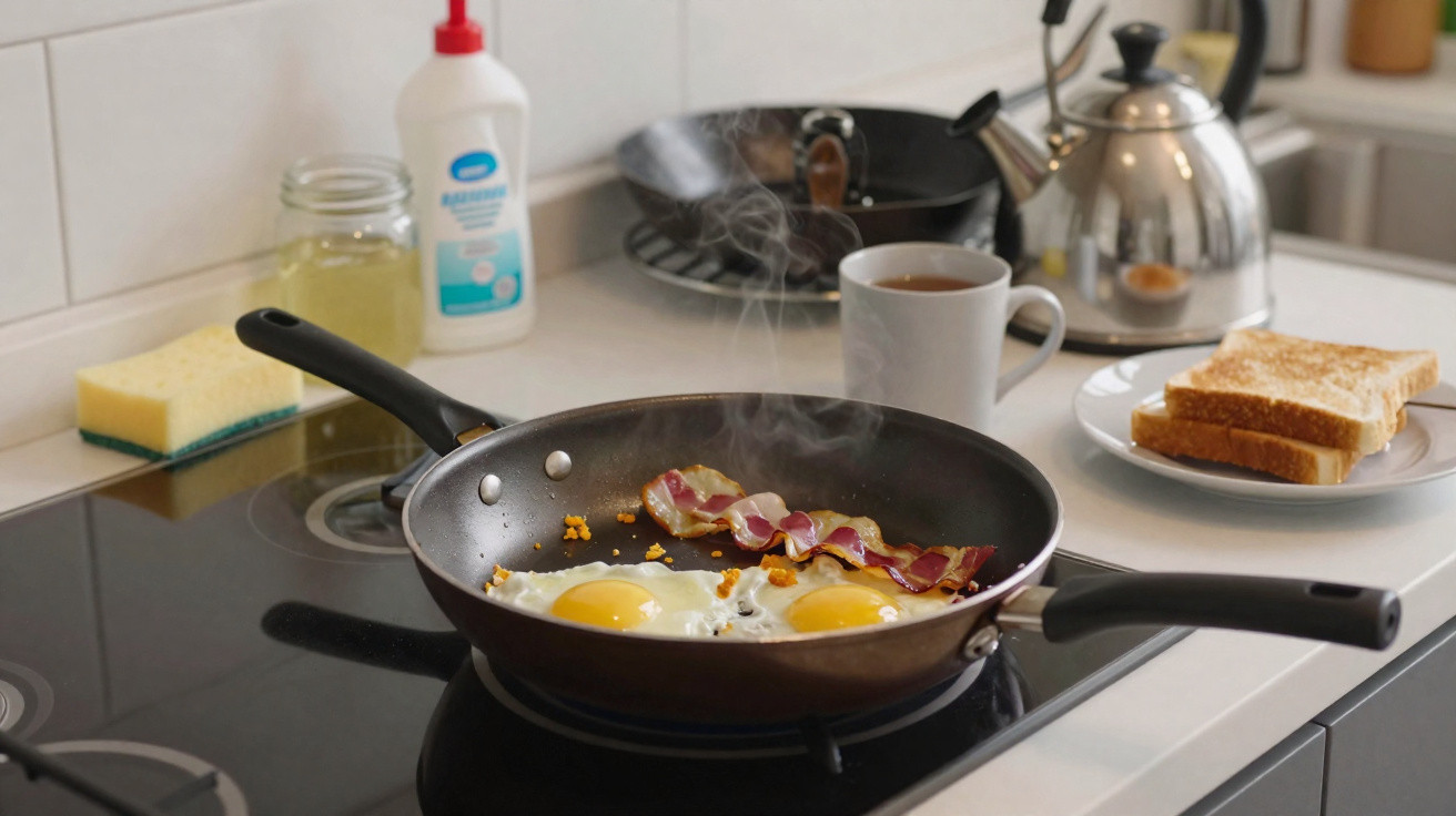 Frying pan with two sunny-side-up eggs and bacon cooking on a stovetop with toast and tea nearby.