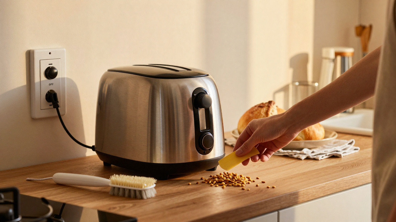 Person cleaning crumbs beside a stainless steel toaster on a wooden kitchen countertop.