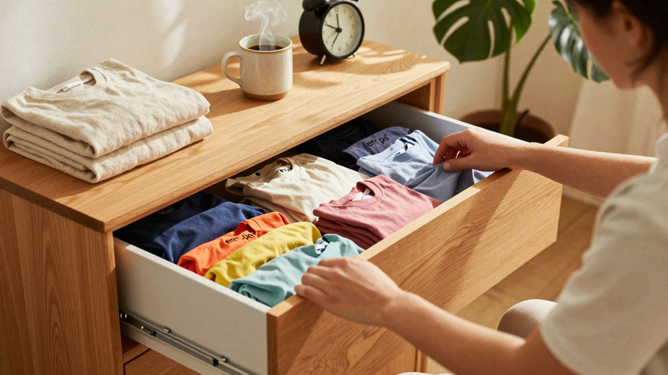 Person organising colourful folded T-shirts in a wooden drawer beside a beige stacked clothes and steaming mug.