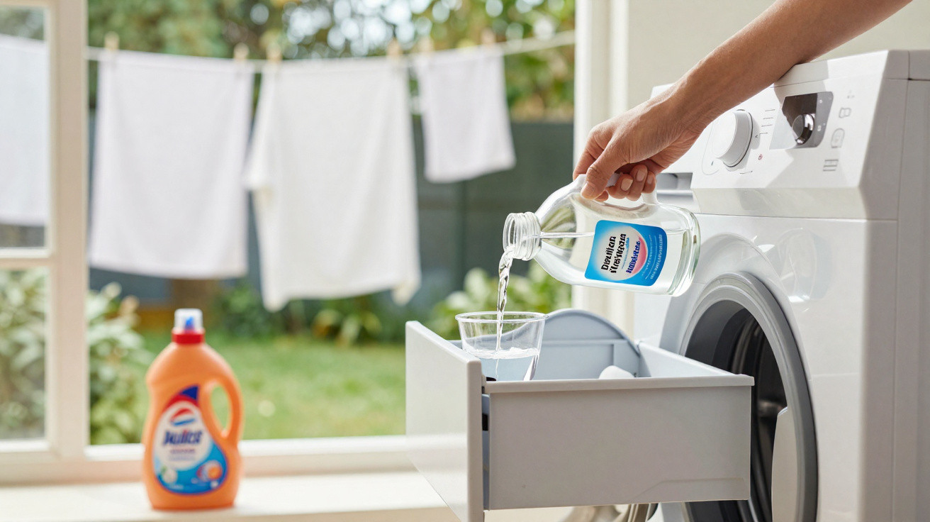 Person pouring distilled white vinegar into a washing machine detergent drawer with clothes hanging outside.