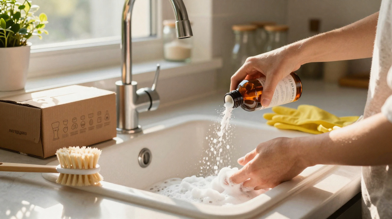 Person pouring dish soap into a foamy kitchen sink with cleaning brush and gloves nearby.