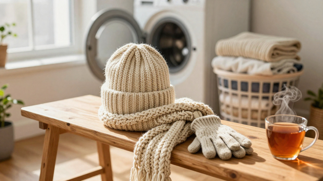 Knitted beige winter hat, scarf, and gloves on a wooden bench with a steaming cup of tea and laundry basket nearby.