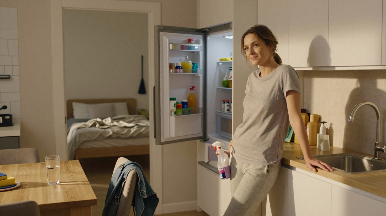 Woman in casual clothes holding a spray bottle, standing in a kitchen next to an open fridge at dusk.