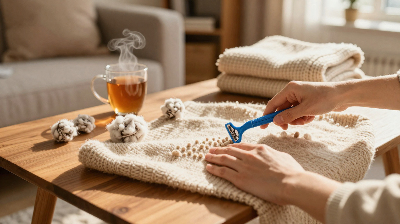 Person removing pilling from a beige knitted sweater on a wooden table with a steaming cup of tea nearby.