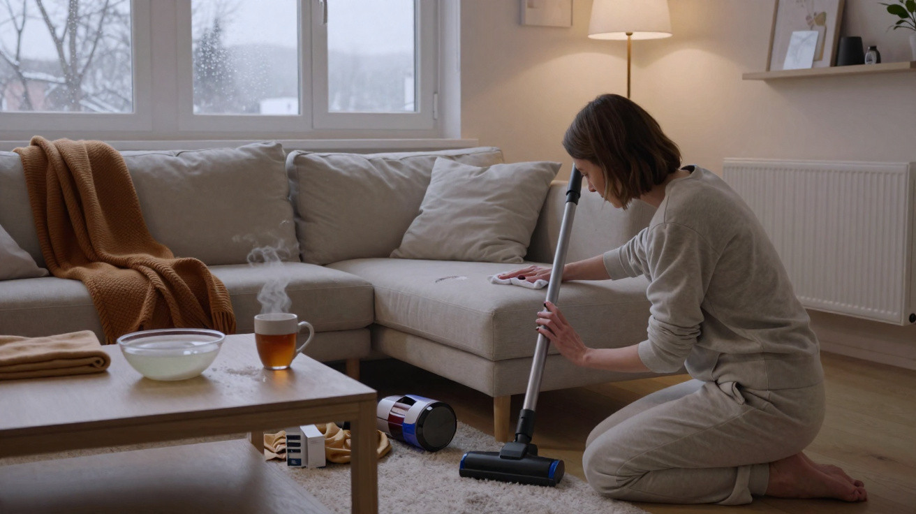 Woman in comfortable clothing kneeling while vacuuming a beige sofa in a cozy living room on a rainy day.