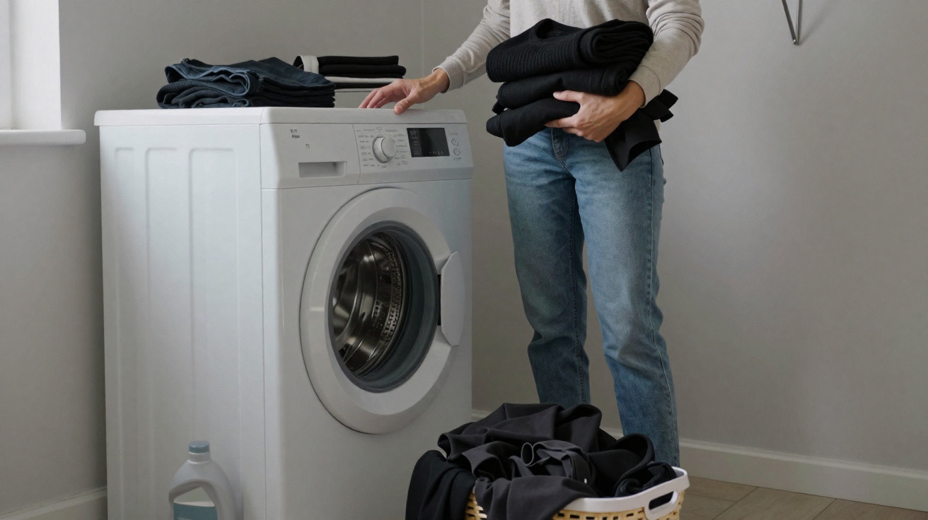 Person holding folded black clothes standing next to a white front-loading washing machine and laundry basket.