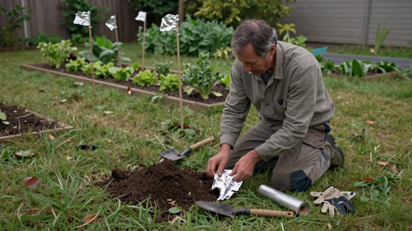 Man kneeling on grass wrapping a stick in aluminium foil beside a garden bed with leafy vegetables.