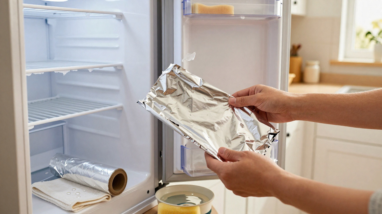 Person placing a foil-wrapped food item inside an open, mostly empty refrigerator in a kitchen.
