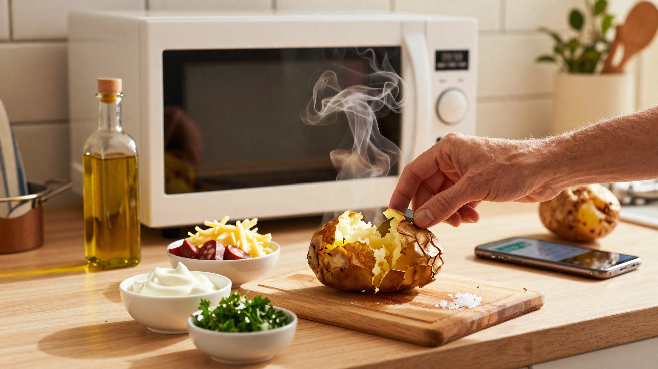 Hand breaking open a steaming baked potato on a wooden board with toppings and a microwave in the background.