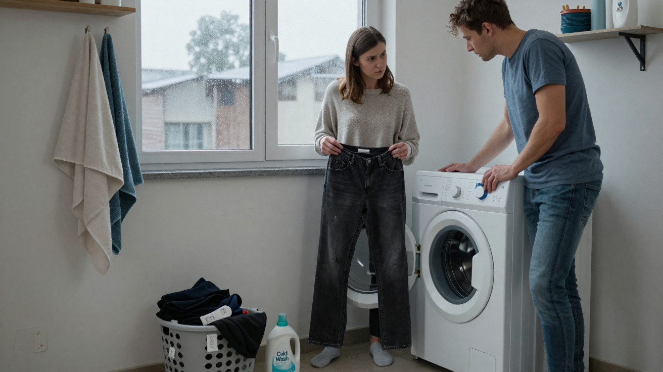 Couple doing laundry together, woman holding jeans and man adjusting washing machine settings in a utility room.