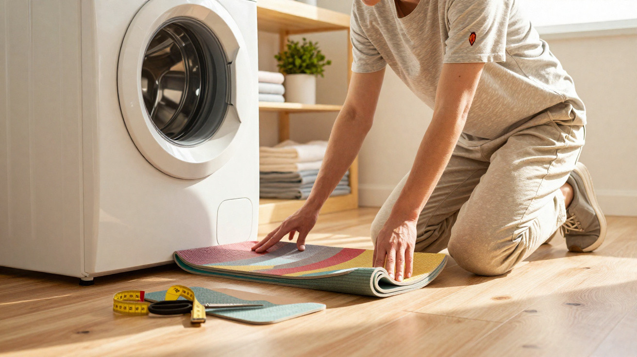 Person kneeling on wooden floor folding a colourful rug next to a white washing machine.