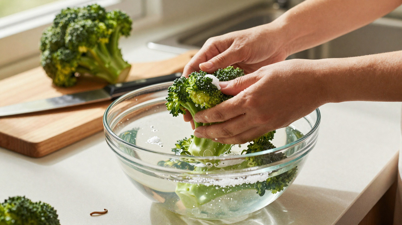 Person washing fresh broccoli in a glass bowl of water on a white kitchen counter with a wooden chopping board nearby
