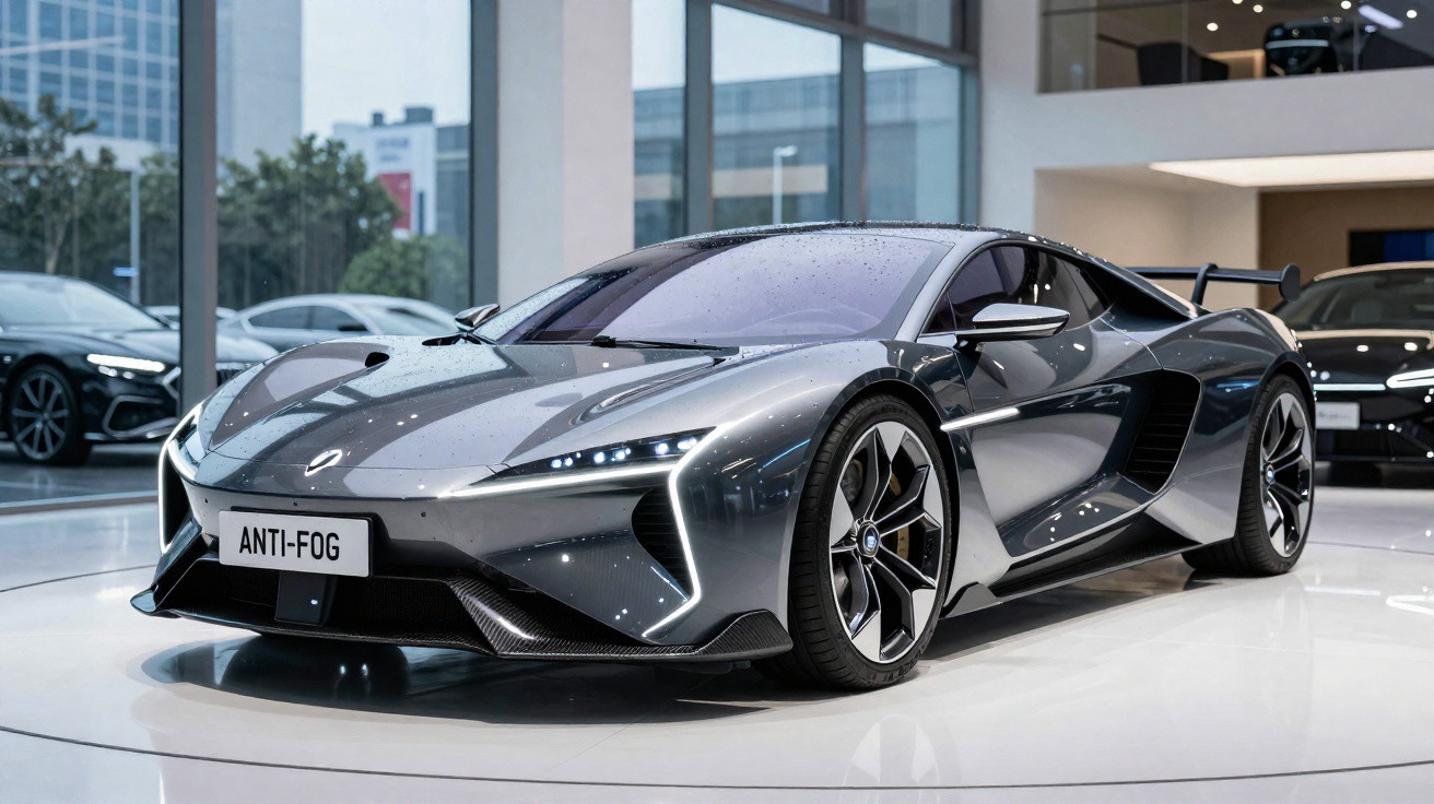 Sleek grey sports car with futuristic LED headlights displayed indoors on a shiny floor with other cars in background.
