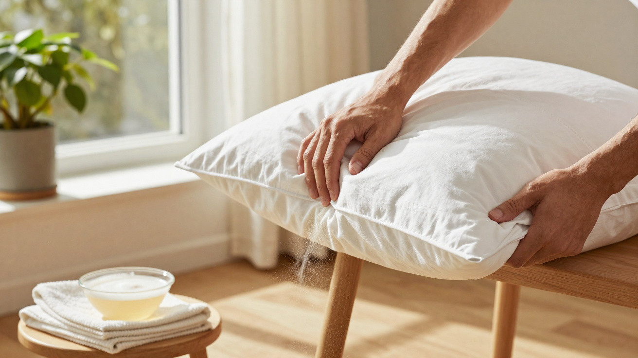 Person shaking a white pillow over a wooden chair in a bright room with a plant and bowl on a stool.