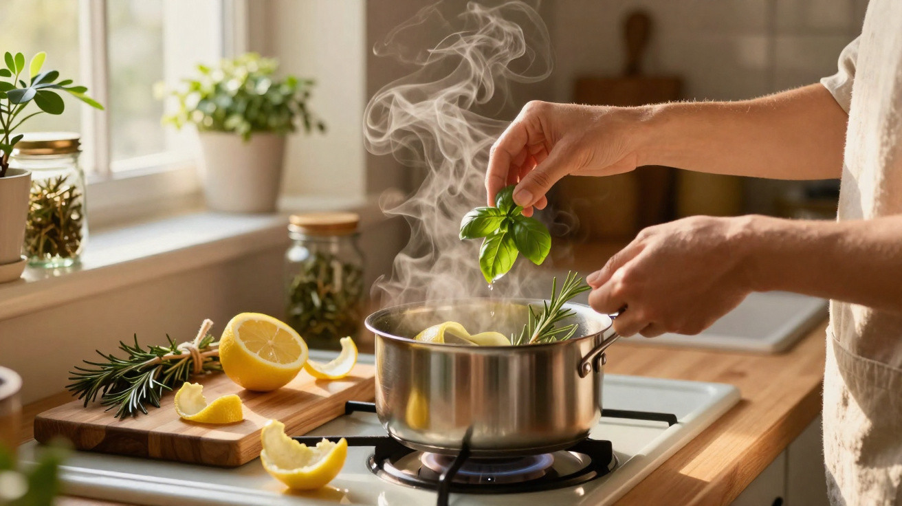 Hands adding fresh basil to a steaming pot on a stove with lemon and herbs on a wooden kitchen countertop