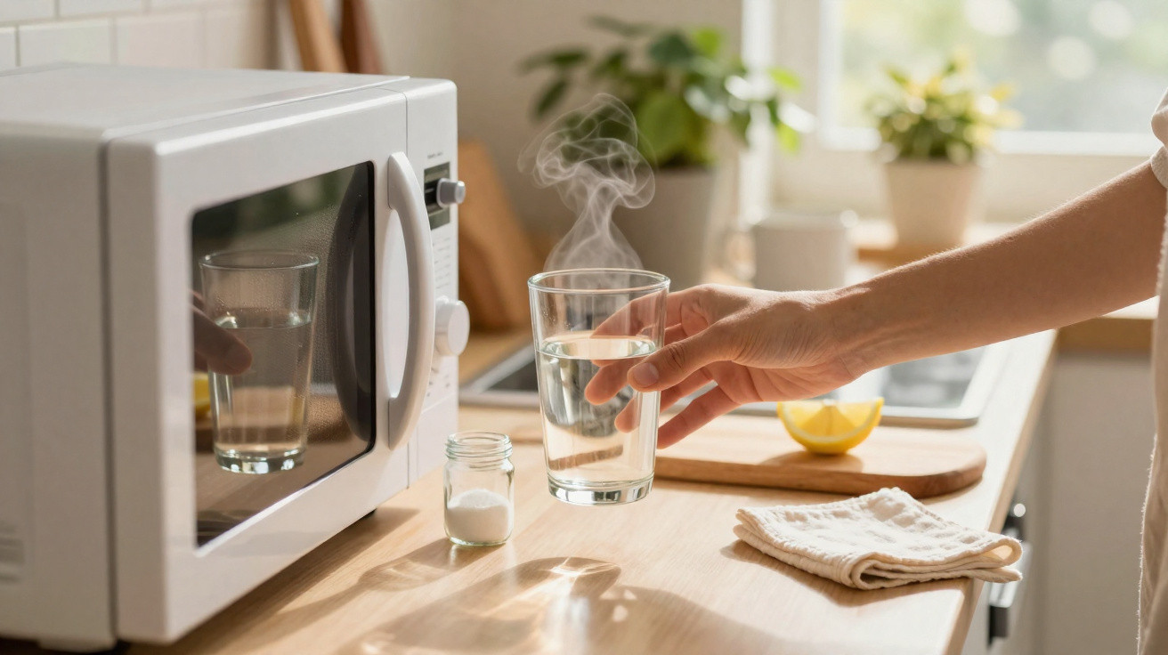 Hand holding a steaming glass of hot water next to a microwave on a sunlit kitchen counter.