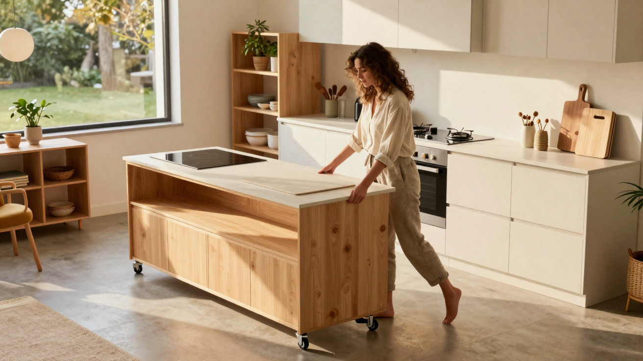 Woman adjusting a wooden kitchen island with wheels in a bright, modern kitchen with large windows and plants.