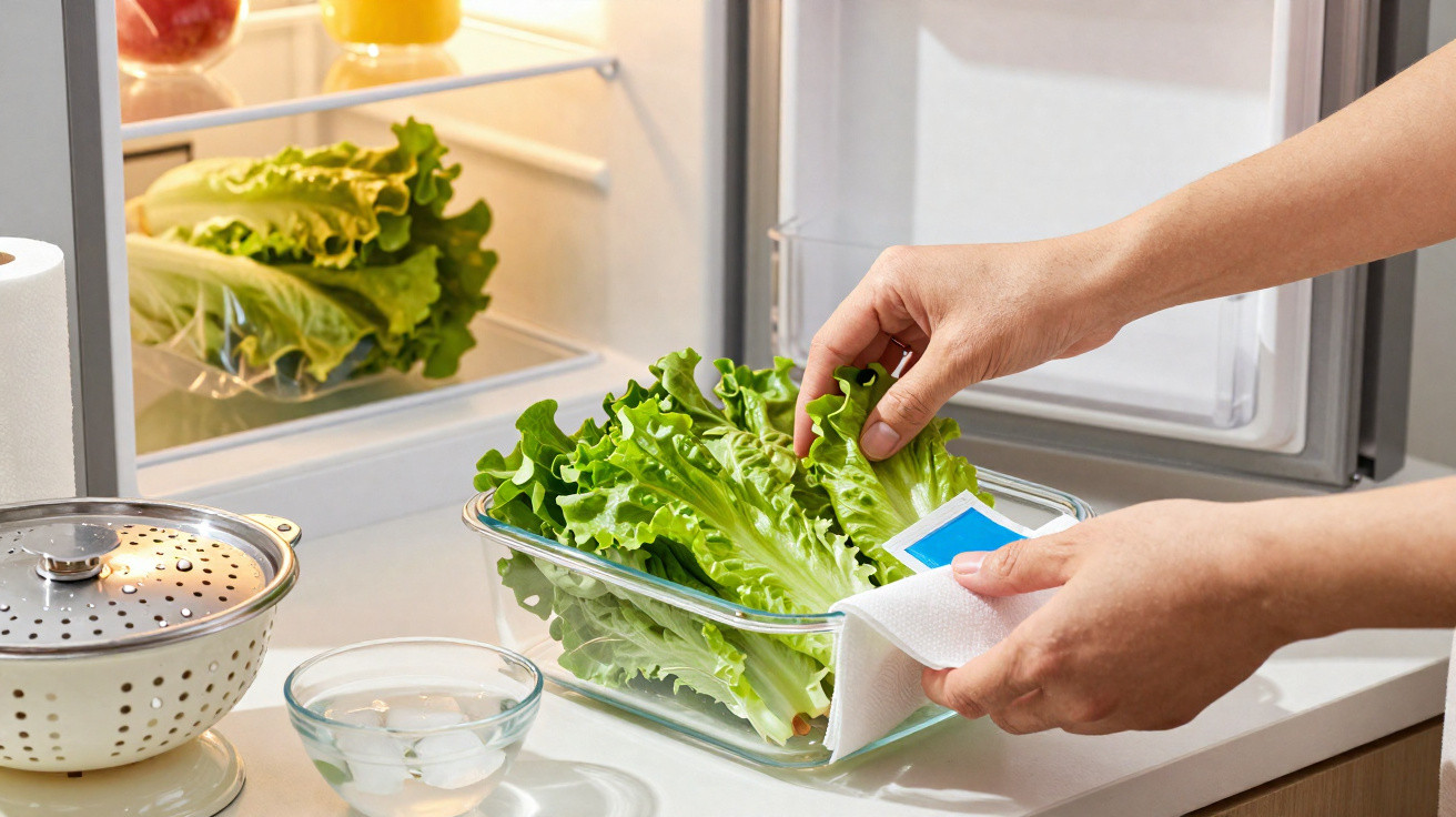 Hands placing fresh green lettuce in a glass container next to an open fridge on a kitchen counter.