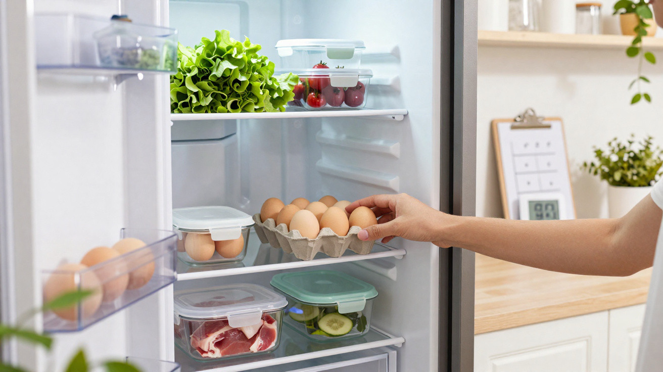 Hand placing a carton of eggs inside a fridge with vegetables and meat stored in containers.