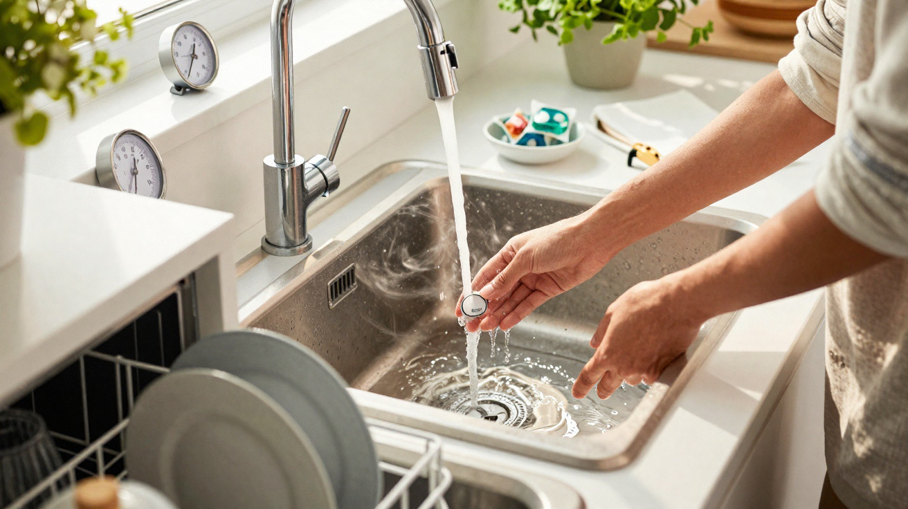 Hands holding a dishwasher tablet under running hot water in a kitchen sink with an open dishwasher nearby