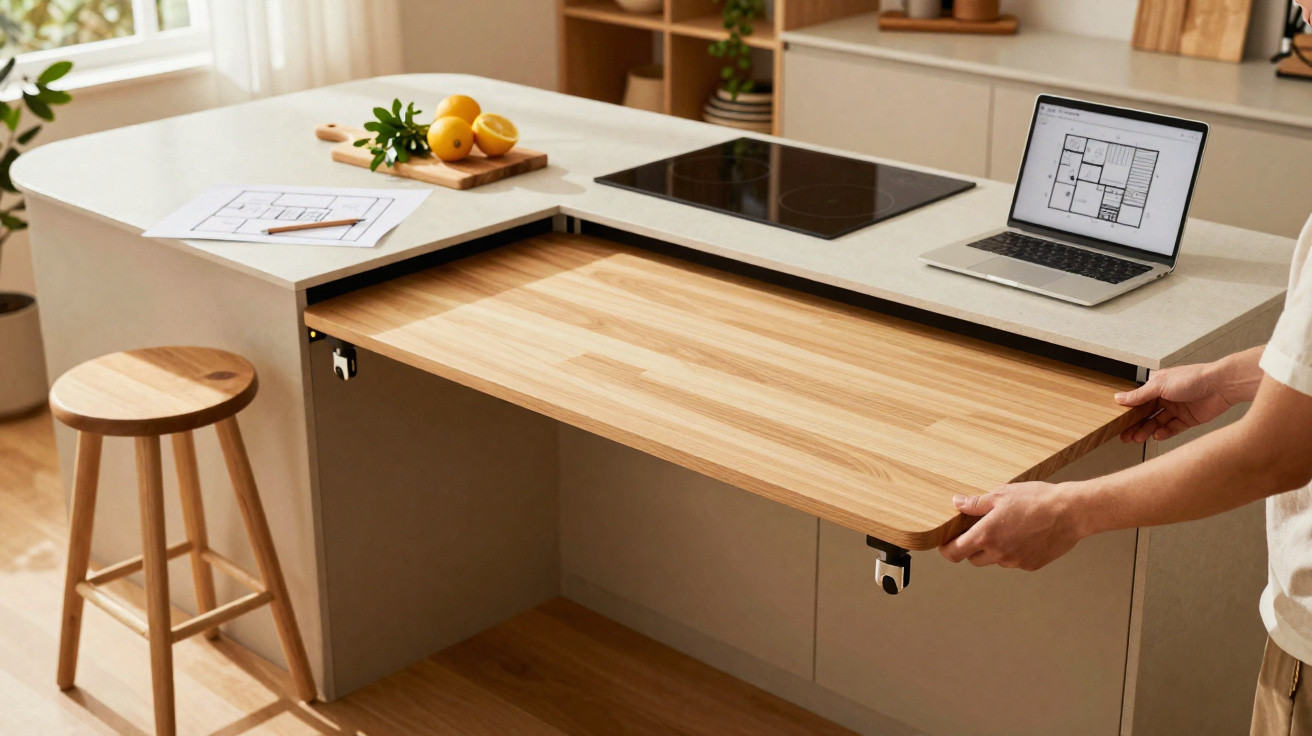 Modern kitchen with pull-out wooden countertop extension beside a stool and a laptop on the main counter.