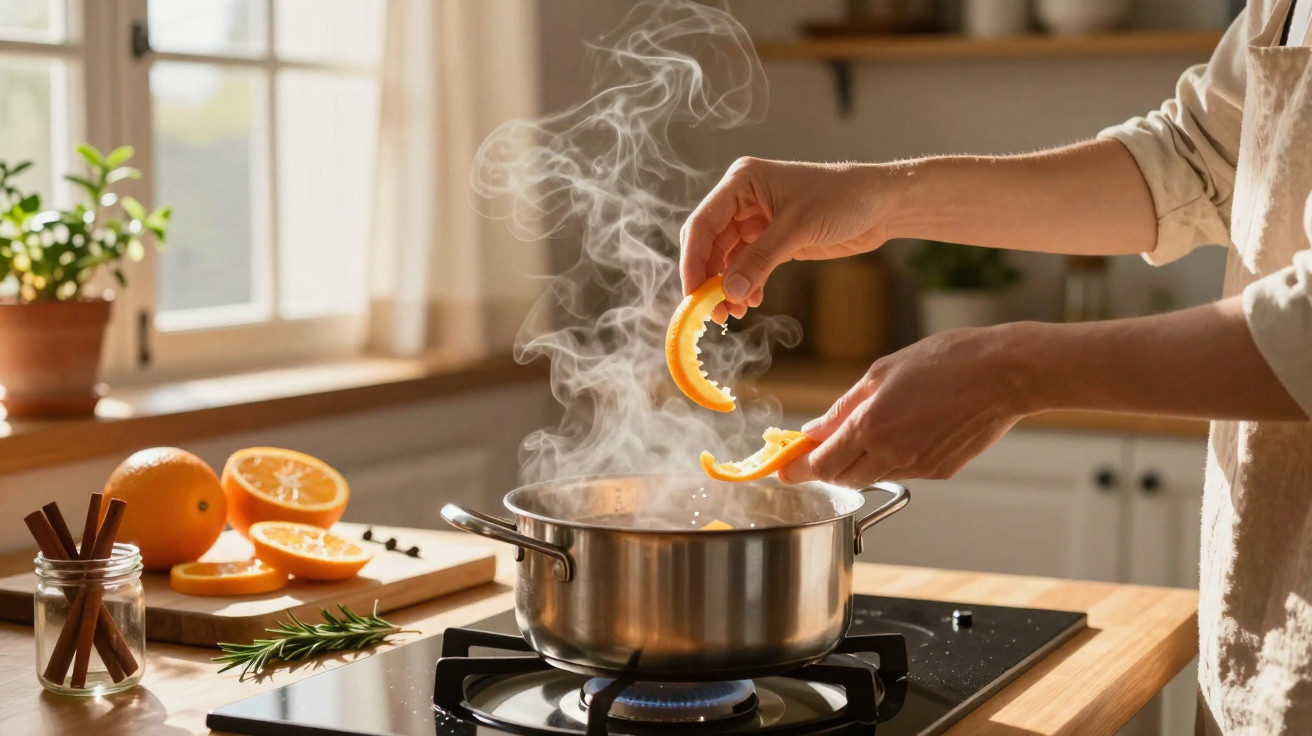 Hands adding orange slices to a steaming pot on a gas stove in a sunlit kitchen.