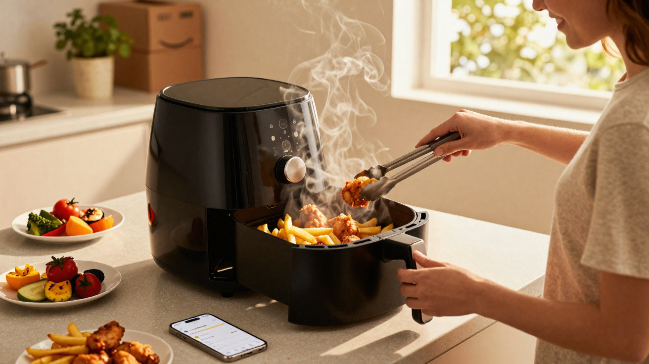 Person removing steaming fried food from a black air fryer in a bright kitchen with plates of vegetables nearby.