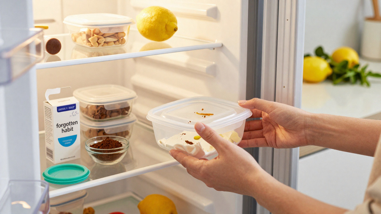 Hands placing a plastic container with food inside a fridge stocked with nuts, lemons, and a milk carton.