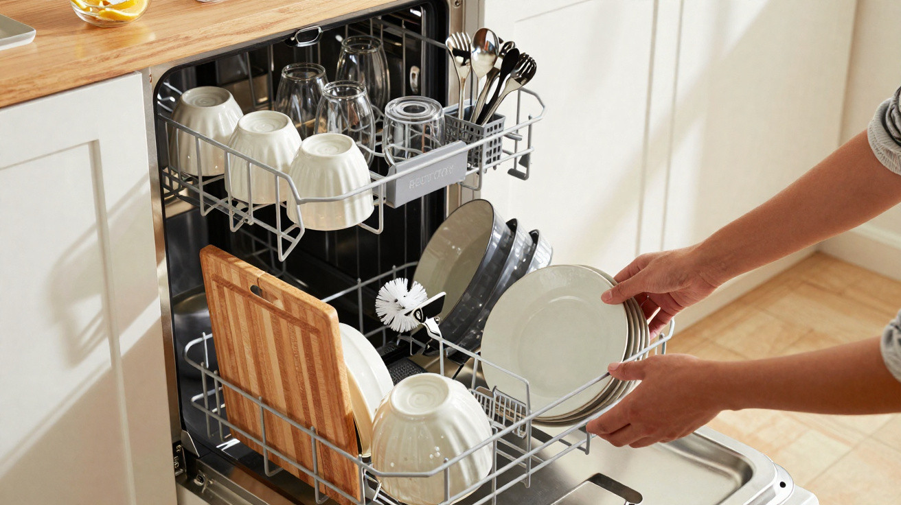 Person loading clean plates into a kitchen dishwasher filled with cups, utensils, and a wooden cutting board.