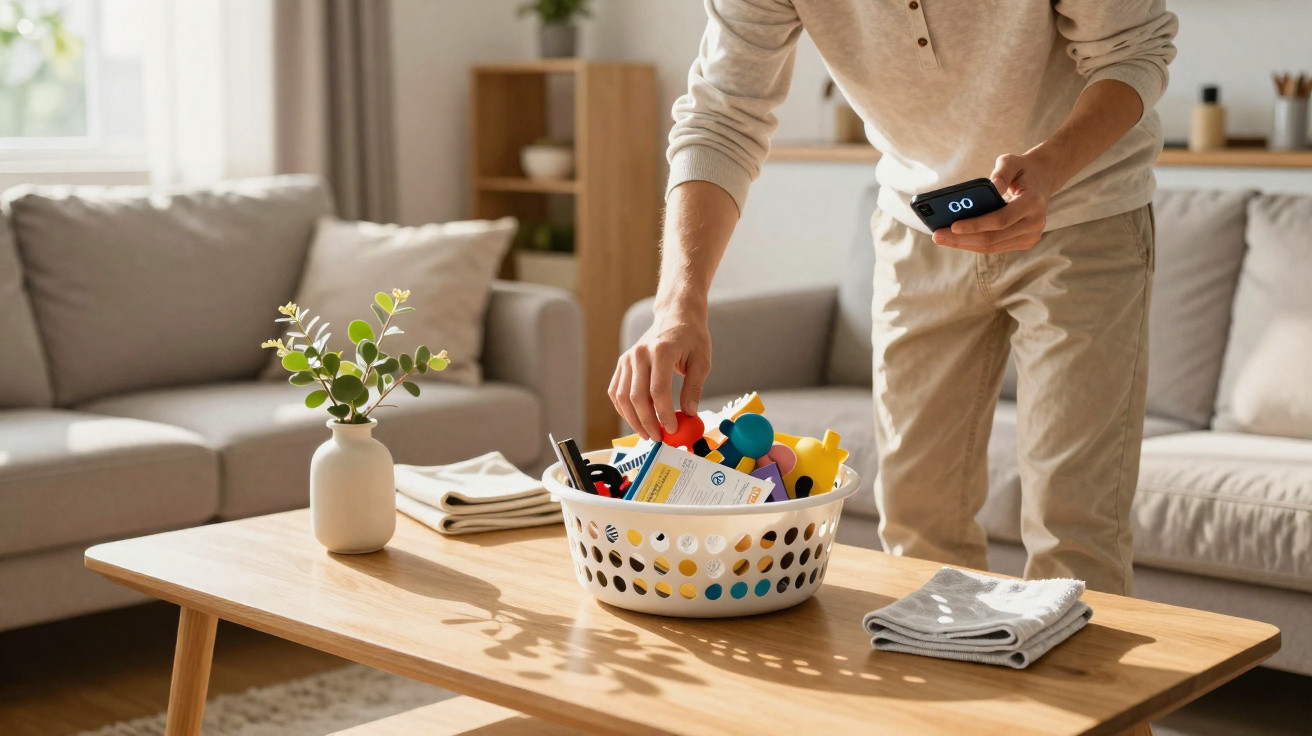 Person packing a colourful toy basket on a wooden table in a bright living room with grey sofas.