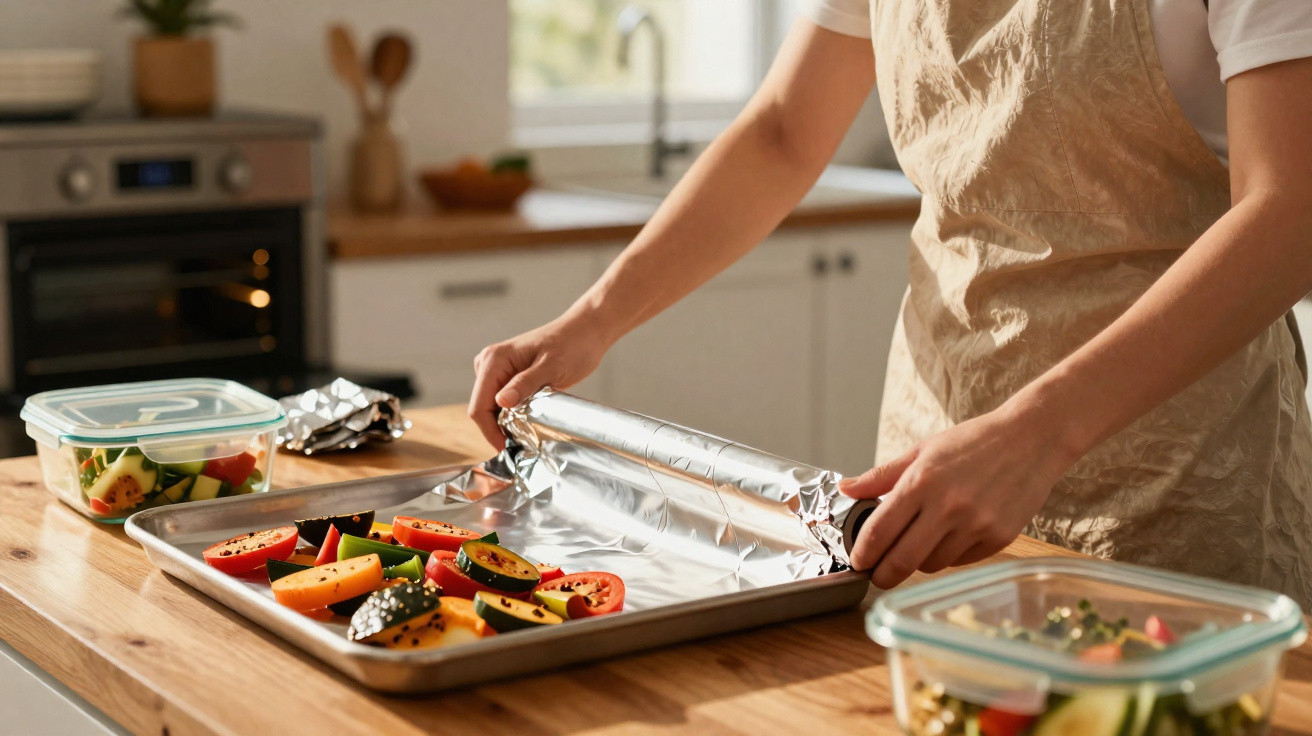 Person lining a baking tray with aluminium foil next to trays of sliced vegetables in a kitchen.