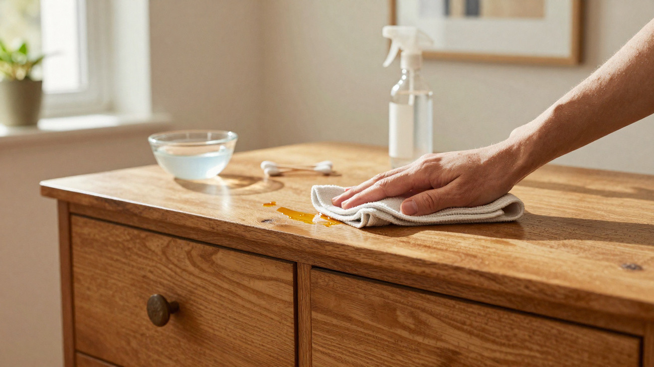 Hand wiping spill on wooden dresser with cloth, spray bottle and bowl nearby in softly lit room.