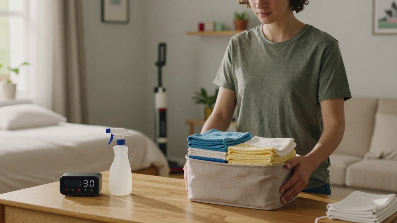 Person organising folded towels in a basket on a wooden table in a cosy living room.