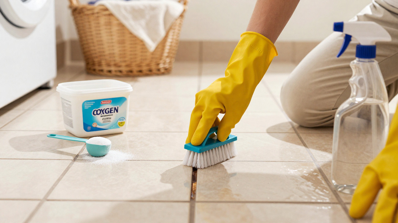 Person wearing yellow gloves scrubbing dirty tile grout with brush and cleaning powder nearby.