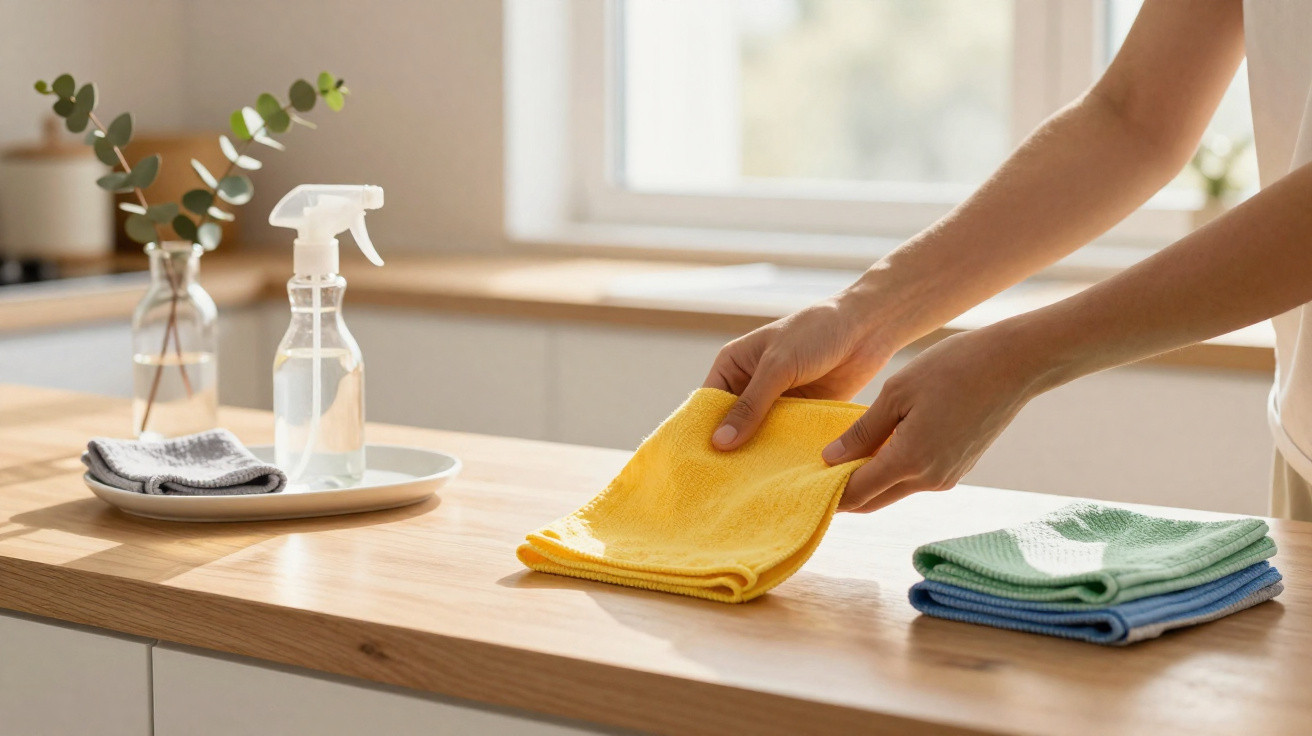 Person folding a yellow cleaning cloth on a wooden kitchen countertop with folded cloths and spray bottle nearby.