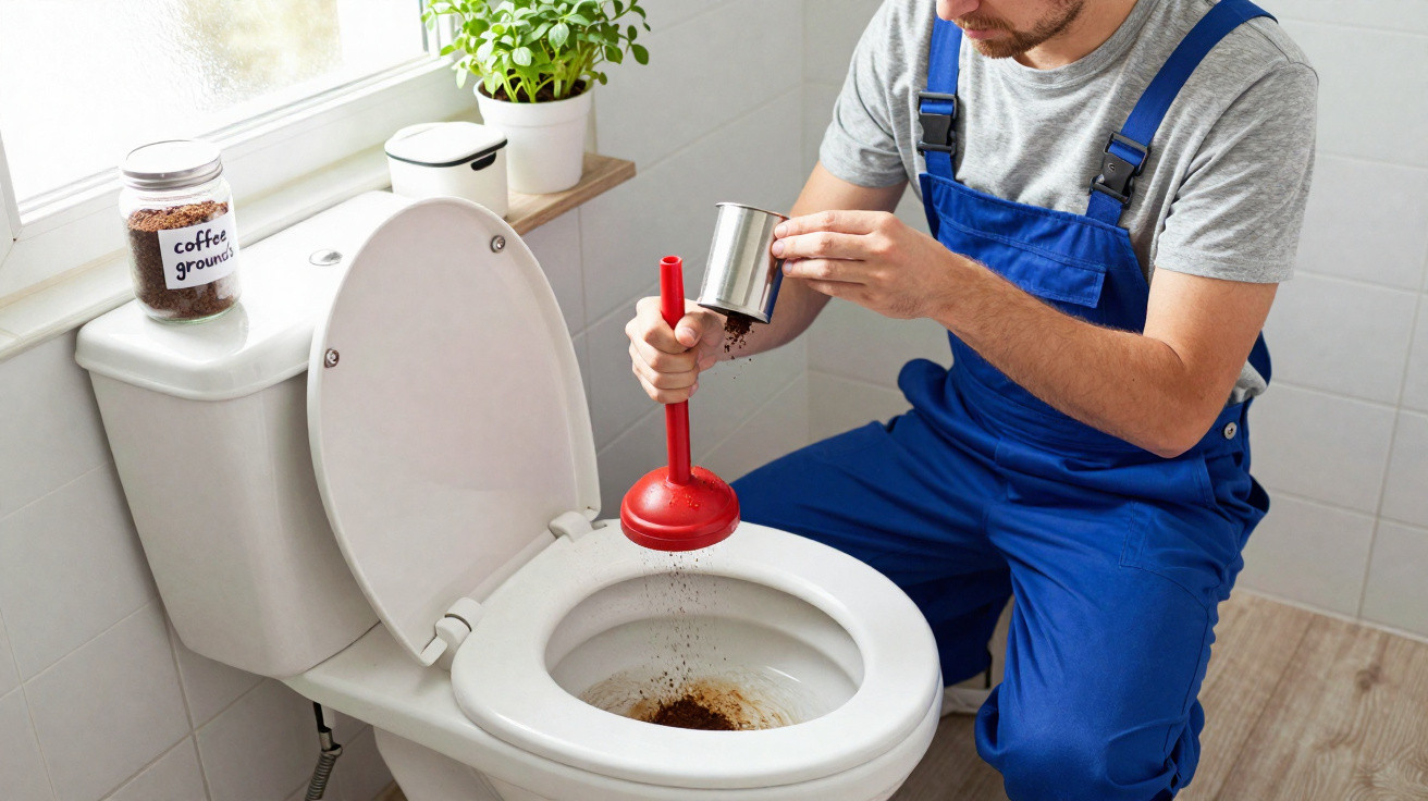 Man in blue overalls pouring coffee grounds with a plunger into a stained toilet bowl in a bathroom.